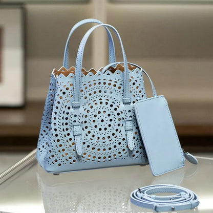 Brand Designer Luxury High Quality Mini Cowhide Shoulder Handbags 2025 Hollow Fashion Large Capacity Genuine Leather Bucket Bag