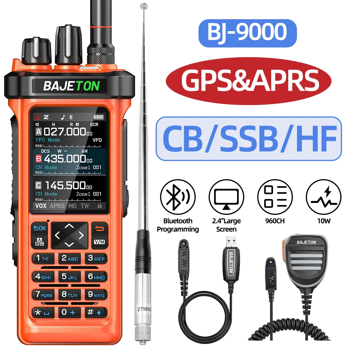 BAJETON BJ-9000 Walkie Talkie CB/SSB/HF 27Mhz Bluetooth Programmable GPS APRS 10W Long Rang For RT-950 RT-950 PRO Ham Radio