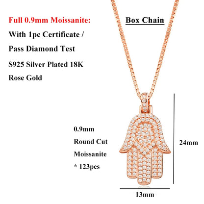 EWYA Hamsa Hand Full 0.9mm Moissanite Pendant Necklace for Woman Men 925 Silver Pass Diamond Test Hip Hop Fine Neck Jewelry Gift