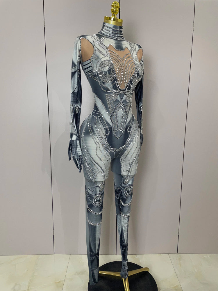 2025 New Trendy Women Sexy Rhinestones Printed Skinny Jumpsuit High Street Performance Dance Costume Bar Club Show Stage Wear