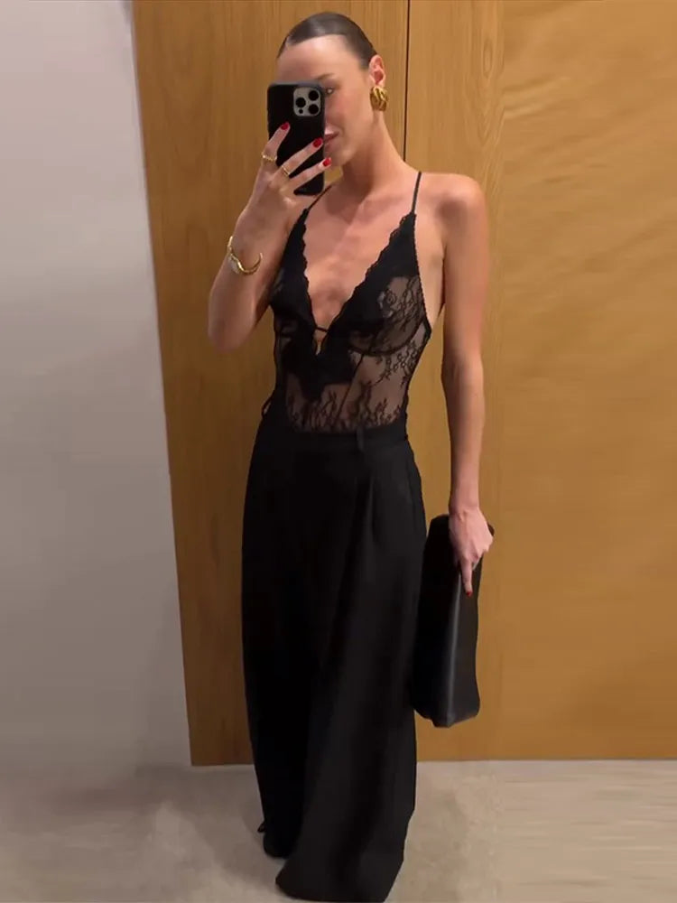 Women's Bodysuit Lace Patchwork Hollow Out Bodysuits Transparent Female Deep V See Through Partywear Spring Sexy Ladies Clubwear