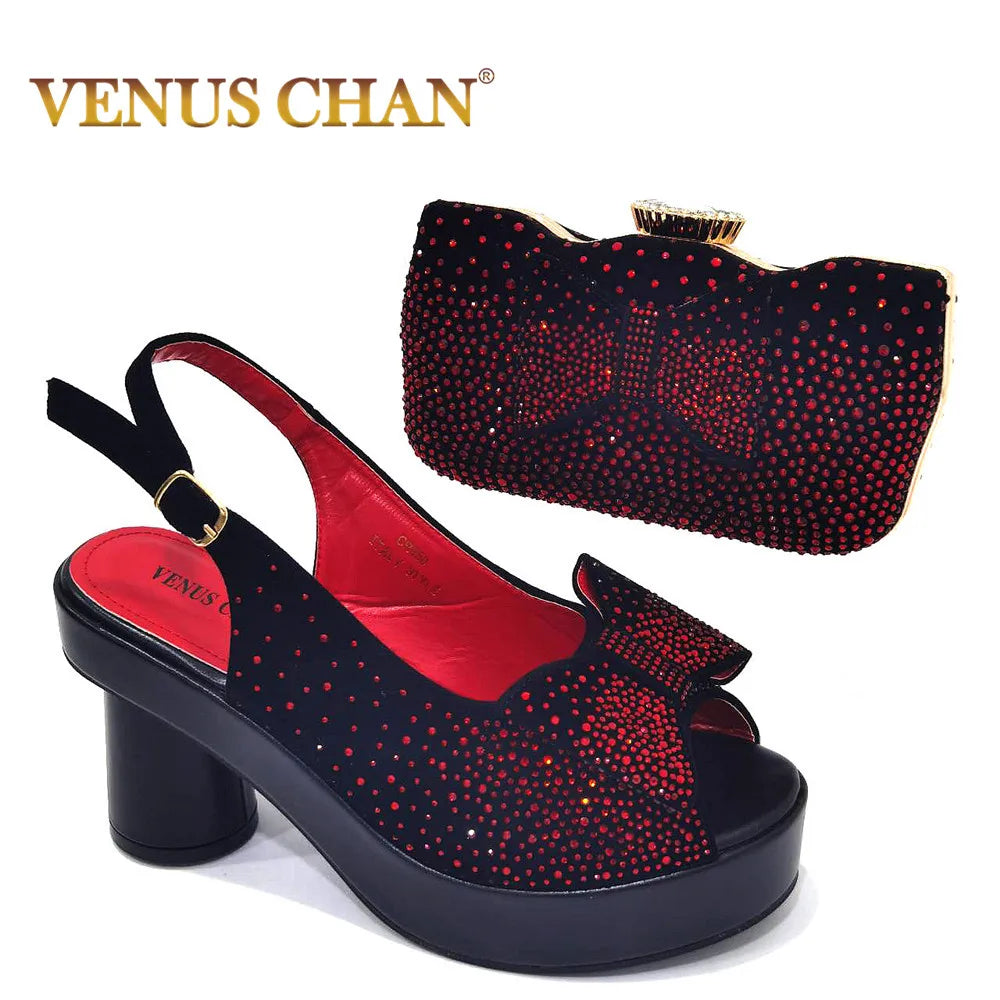 2024 Silver Fashion Square Heels with Platform African Women Shoes and Bag Set Full Crystal Pumps for Wedding Party