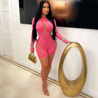 Wholesale Clothing Hollow Out Jumpsuit Women 2024 One-pieces Rompers Womens Black Bodycon Rose Red Long Sleeve Romper Playsuits