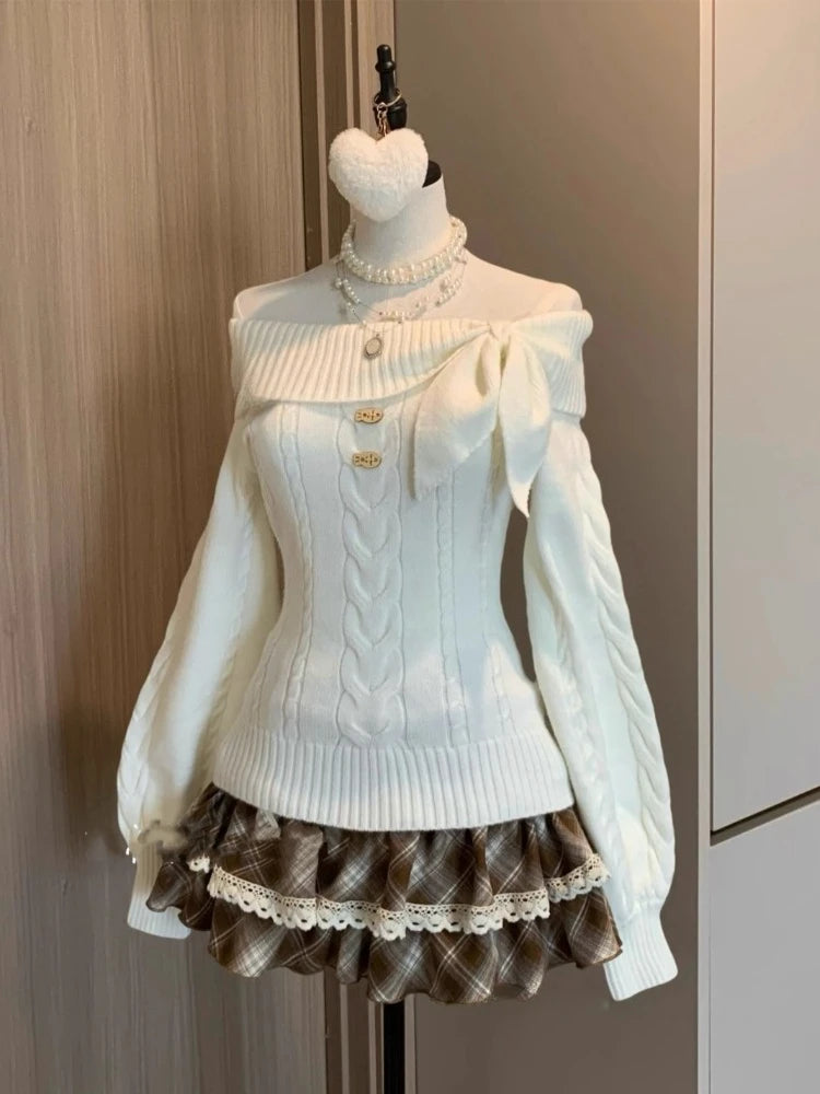 Sweet Daily Streetwear Japanese Women Slim Fit Off Shoulder Knit Jumper Soft Long Sleeve Fashion Pullover Sweater