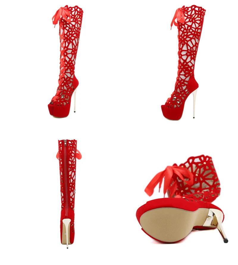 16CM Ultra Thin High Heels Sexy Nightclub Hollow Out Over The Knee Boots Women Peep Toe Lace-Up Zip Platform Shoes Sandals