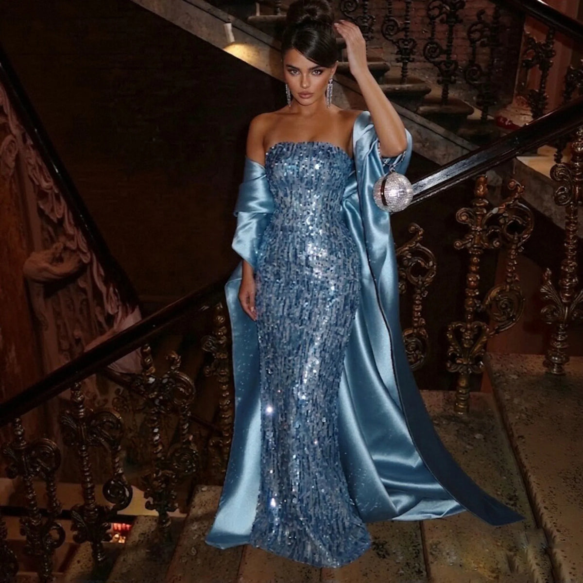 Sharon Said Sequin Women' s Luxury Formal Evening Dresses Strapless Wedding Birthday Prom Gown with Satin Train SF165 Customized
