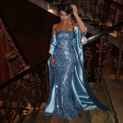 Sharon Said Sequin Women' s Luxury Formal Evening Dresses Strapless Wedding Birthday Prom Gown with Satin Train SF165 Customized