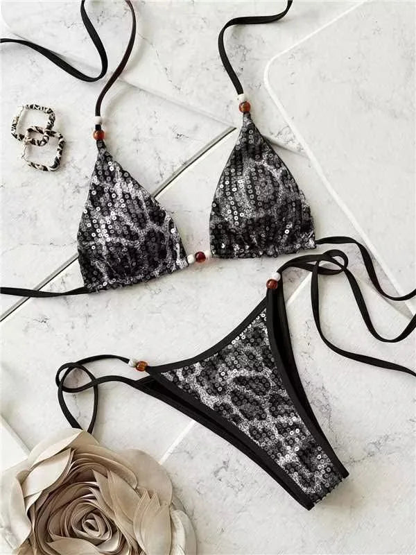 2026 Leopard Sequins Halter Strappy Bikini Women Swimwear Female Swimsuit Two-pieces Bikini Set Bather Bathing Suit Swim Lady