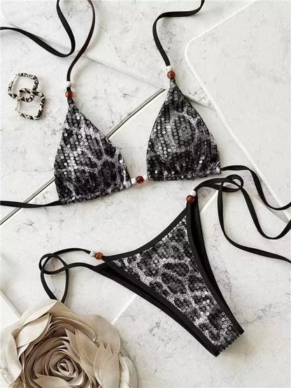 2026 Leopard Sequins Halter Strappy Bikini Women Swimwear Female Swimsuit Two-pieces Bikini Set Bather Bathing Suit Swim Lady