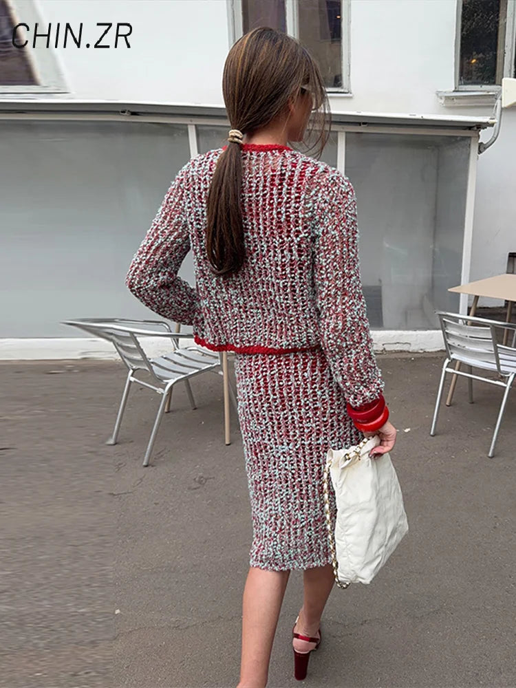 Fashion Knit Hollow Out Women's Skirt Suit O-neck Single Breasted Full Sleeve Cardigan Long Straight Skirts 2026 Autumn Lady Set