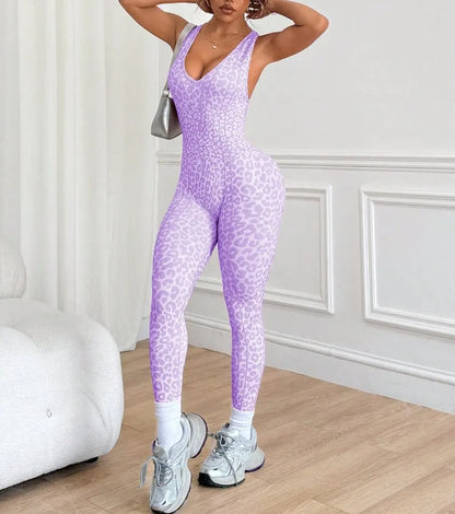 Women Sports Jumpsuits Leopard Deep V Bandage One Piece Yoga Pants Scrunch Workout Fitness Gym Training Athletic Tights Suits