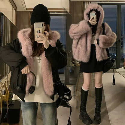 Double Sided Winter Coat Women Clothing Imitation Mink Fur Fur Hooded Cotton Jacket Female Warm Plush Cotton-padded Outerwea New