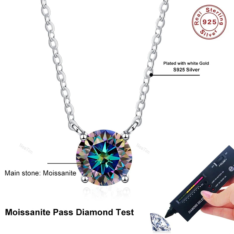 NeeTim 1ct 2ct 3ct Colored Moissanite Necklace for Women 925 Sterling Silver with White Gold Plated Woman's Necklaces Chain