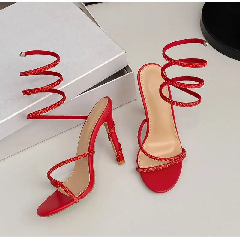 Luxury Crystal Snake Coiled Women Sandals Sexy Narrow band Thin High heels Wedding Party Female Gladiator Sandals Summer Shoes