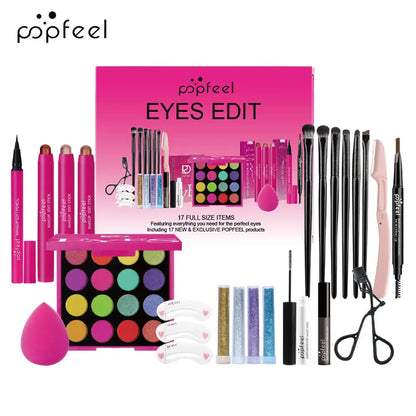 Essential Eye Makeup Set for Beginners Matte&Shimmer Eyeshadow Palette, Mascara, Eyebrow Pencil, Lip Eyeliner,Brush Tool Set Box