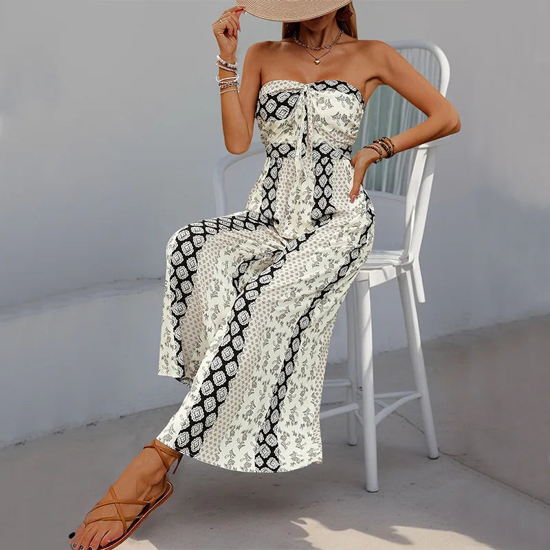 Cotton Rayon Floral Printed Sexy Strapless Jumpsuit Women Casual Bow Boho Beach Summer One Piece Women's Jumpsuits Bohemian
