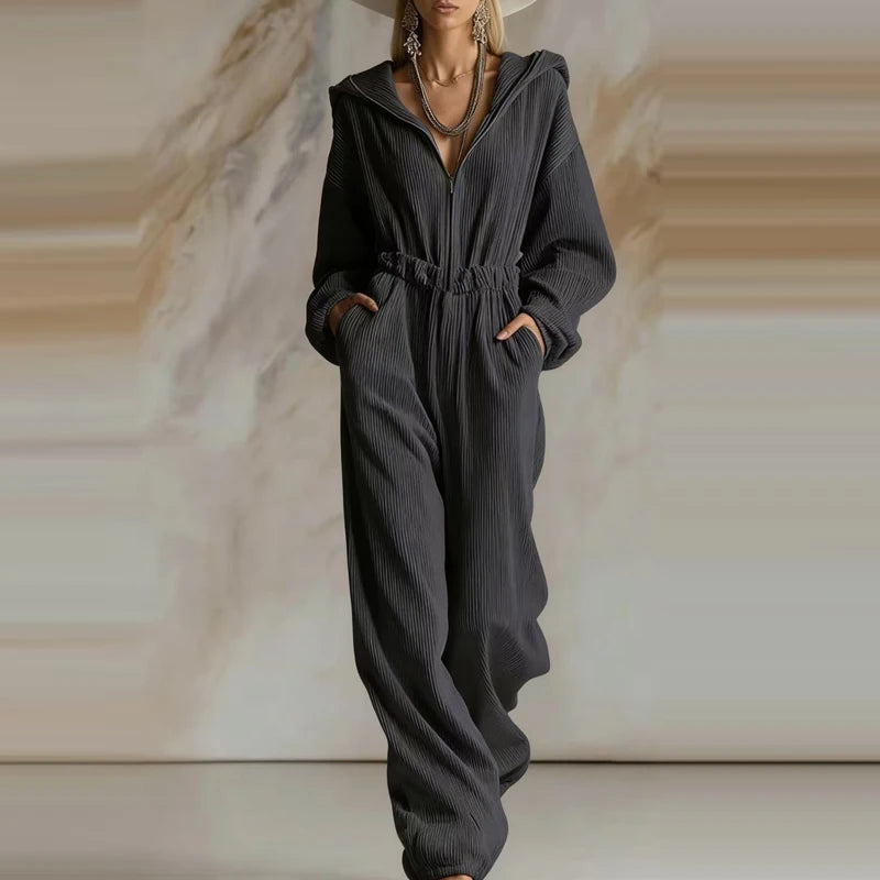 Elegant Ribbed Hooded Playsuit Overalls Women Fashion Zipper Hight Waist Long Jumpsuits Casual Long Sleeve Pocket Party Rompers