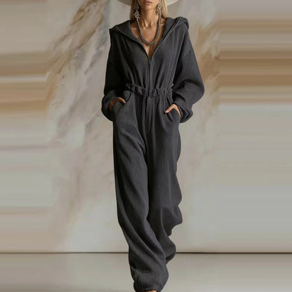 Elegant Ribbed Hooded Playsuit Overalls Women Fashion Zipper Hight Waist Long Jumpsuits Casual Long Sleeve Pocket Party Rompers