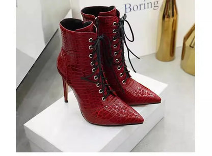 12CM Stiletto Heels Botas Mujer Fashion Pointed Lace-up Ankle Boots Roman Ladies Shoes Autumn Winter Women Emboss Short Booties