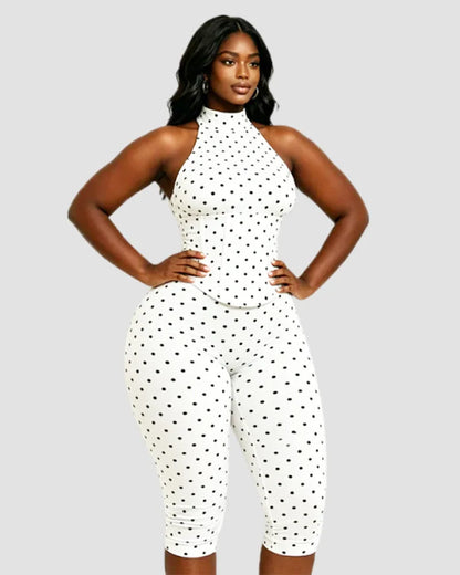 FAGADOER Cute Polka Dot Bodycon Rompers Hot Girl Streetwear Lace Up Bandage Corset Halter Jumpsuits Summer Night Club Playsuits