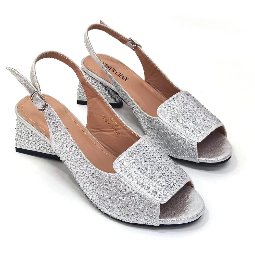 High Heels Shoes for Women Embroidery Rhinestone Italian Design Blue Color Pointed Toe Shoes and Bags Set Fashion