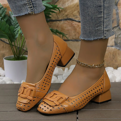 French Retro Woven Women Pumps Breathable Square Toe Block High Heels Elegant Hollow Office Lady Shoes Luxury Designer Sandals