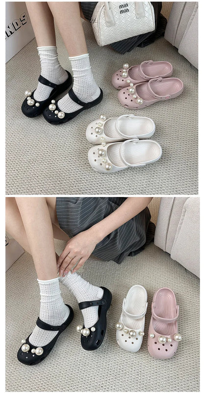 Clogs Summer Slippers Women Luxury Pearl Metal Flower Mary Janes Designer Ballet Shoes Girls Corc Charms Sandals Indoor Outdoor