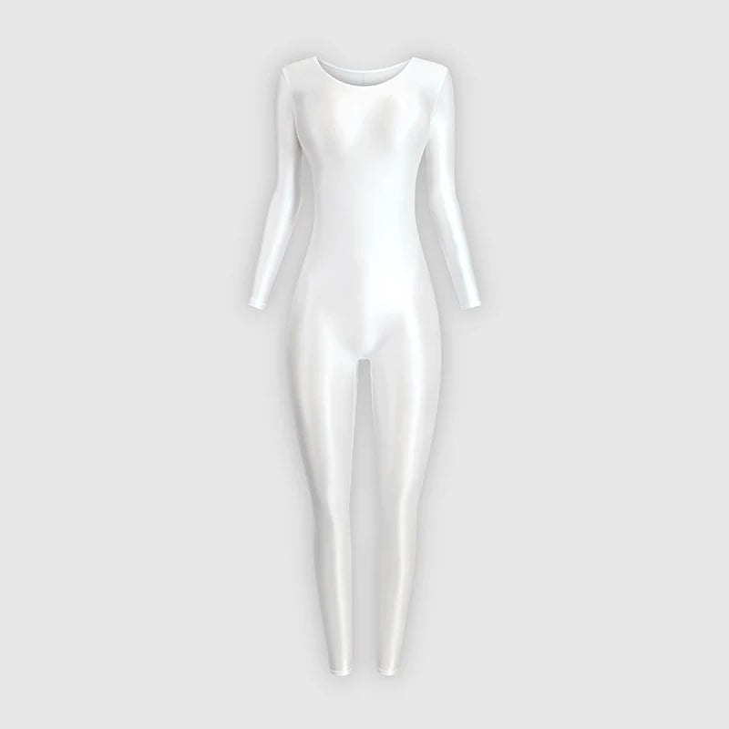 MJINM Women Shiny Oil One Piece Long Sleeve Zentai Suits Yoga Sports Jumpsuits Glossy Tights Cosplay Fitness Bodysuits Overalls