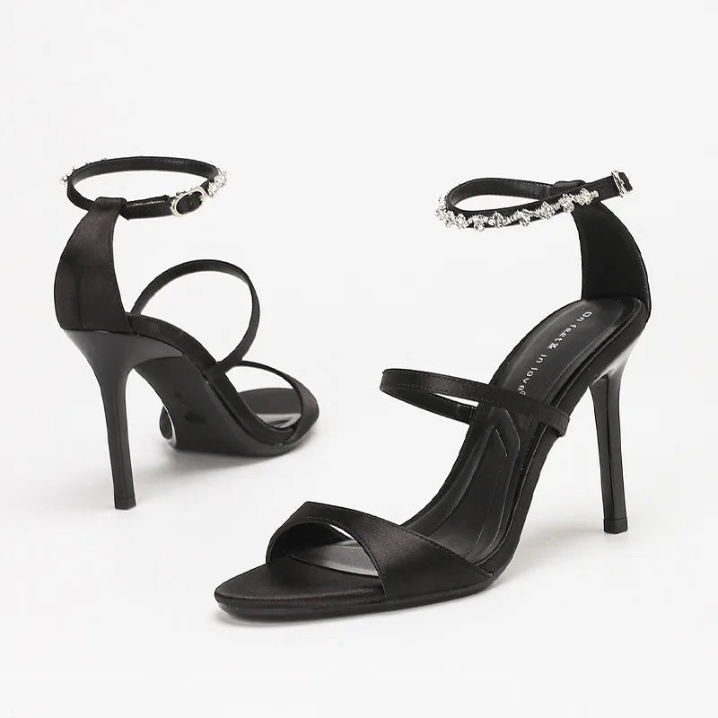 Luxury Rhinestone Satin Elegant High Heels Women Ankle Buckle Open Toe Fashion Sandals Female Designer Wedding Dress Shoes Party