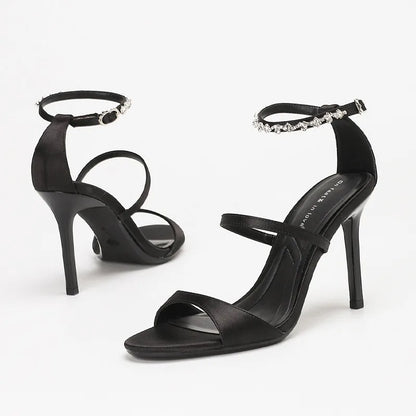 Luxury Rhinestone Satin Elegant High Heels Women Ankle Buckle Open Toe Fashion Sandals Female Designer Wedding Dress Shoes Party