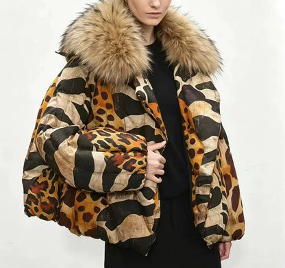 Autumn and Winter New Women's Down Jacket Loose Short Splicing Leopard Pattern Jacket