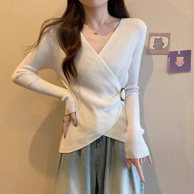 Women Wrap V Neck Ribbed Knit Top Metal Ring Buckle Flare Long Sleeve Slim Sweater