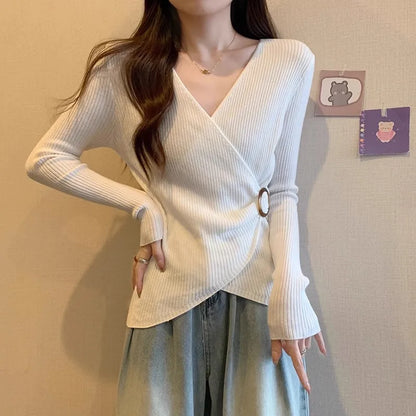 Women Wrap V Neck Ribbed Knit Top Metal Ring Buckle Flare Long Sleeve Slim Sweater