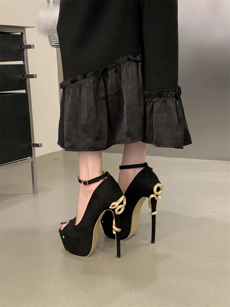 Liyke Sexy Metal Snake Shape Thin Heeled Sandals Women Peep Toe Buckle Strap Platform High Heels Party Stripper Shoes Size 35-42