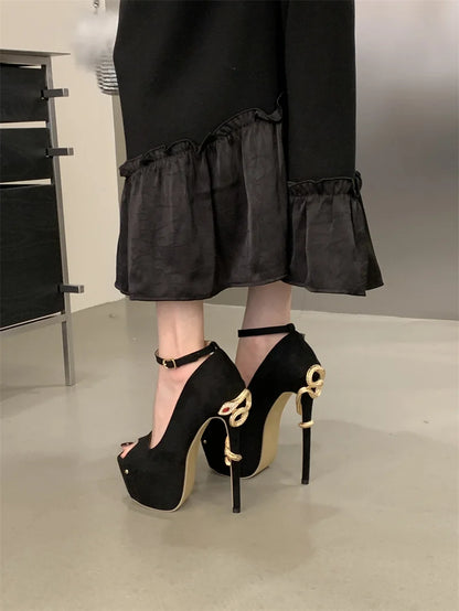Liyke Sexy Metal Snake Shape Thin Heeled Sandals Women Peep Toe Buckle Strap Platform High Heels Party Stripper Shoes Size 35-42