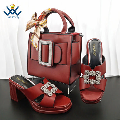 Mature Fashion Style Italian Ladies Lovely Shoes and Bag to Match Set in Wine Color 2024 Specials Slipper for Dress