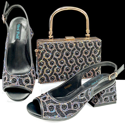 QSGFC 2024 Rhinestone Design INS Hot Sale New Arrivals African Shoes and Bag Set in Green Color Open Toe Comfortable Women Heels