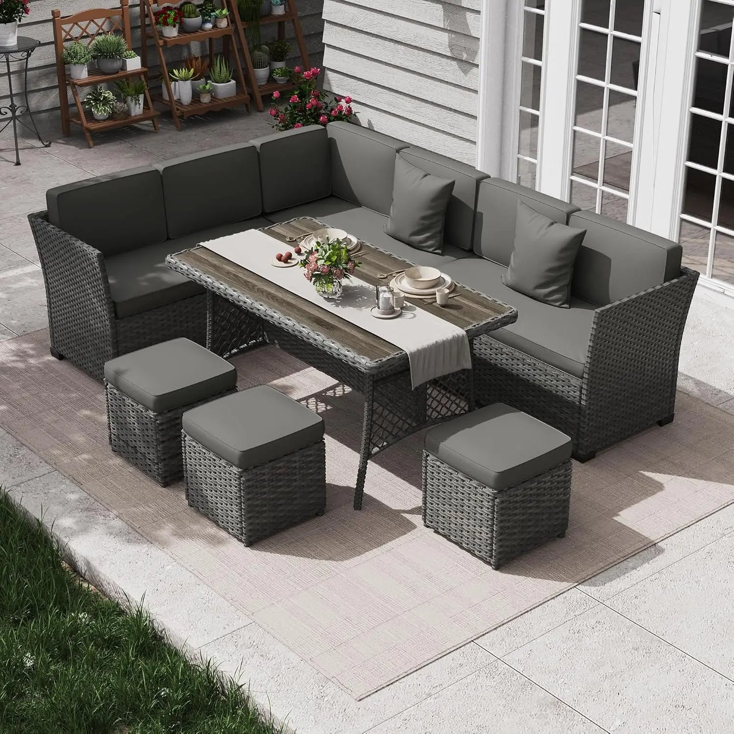 7 Piece Patio Furniture Set, Outdoor PE Wicker Rattan Outdoor Dining Set, Patio Table and Chairs Set, Patio, Customized
