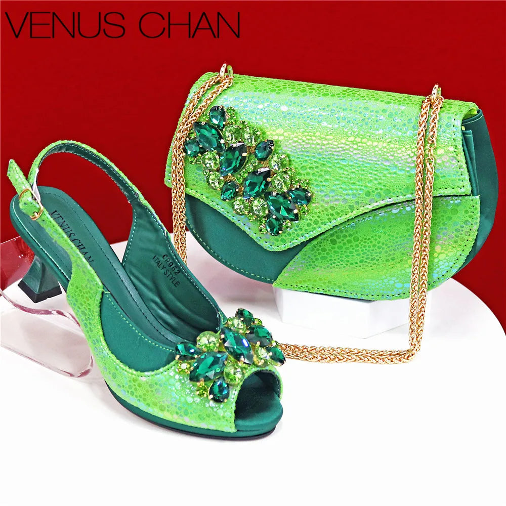 Elegant Orange Color 2025 Rhinestone High-Heels Shoes & Handbag Set – Luxury Wedding & Party Accessories