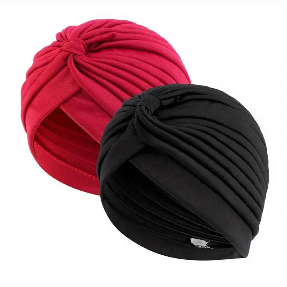 2pcsWomen's Pleated Knot Turban Hat, Soft Stretchy Beanie Cap for Chemo Hair Loss, Muslim Hijab Headwrap, Fashion Daily Headwear