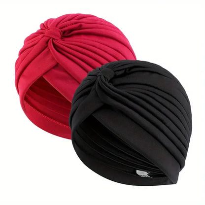 2pcsWomen's Pleated Knot Turban Hat, Soft Stretchy Beanie Cap for Chemo Hair Loss, Muslim Hijab Headwrap, Fashion Daily Headwear