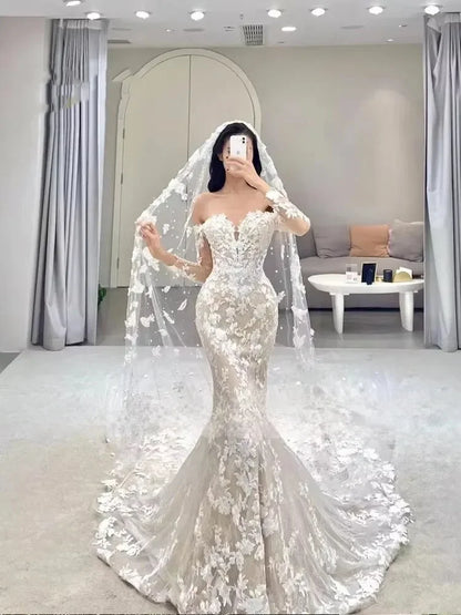 Boho V-neck Mermaid Wedding Dresses Long Sleeves Lace Appliques Flowers Sweep Train Bride Gown Vestido De Novia without veil