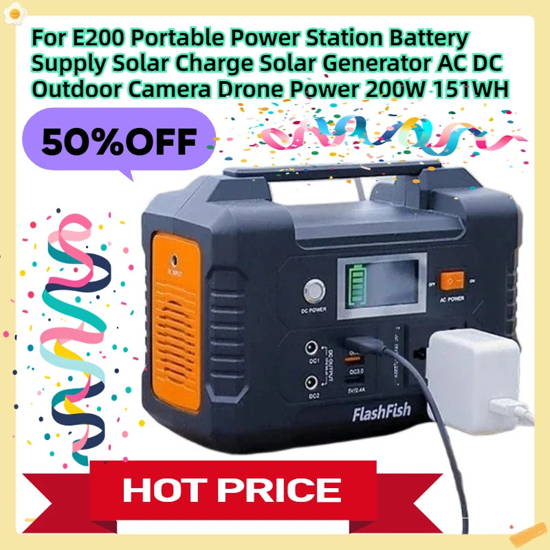 For E200 Portable Power Station Battery Supply Solar Charge Solar Generator AC DC Outdoor Camera Drone Power 200W 151WH