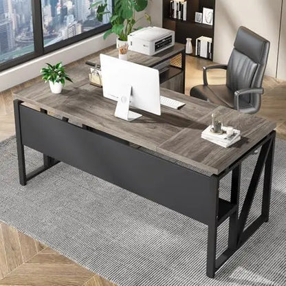 63 inches Computer Desk with Bottom Storage Shelf Home Office Desk Writing Table for Workstation,Dark Walnut + Steel