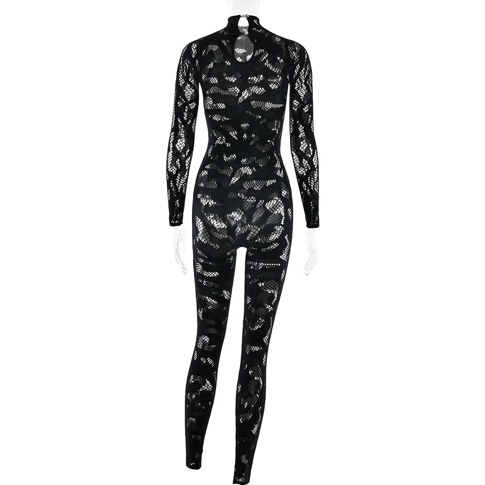 Weird Puss Irregular Hollow Jumpsuit Women Full Sleeve Button Sexy See Through Stylish Stretch Skinny Midnight Activity Overall