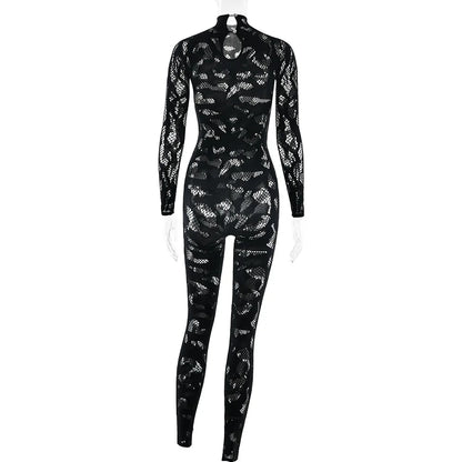 Weird Puss Irregular Hollow Jumpsuit Women Full Sleeve Button Sexy See Through Stylish Stretch Skinny Midnight Activity Overall
