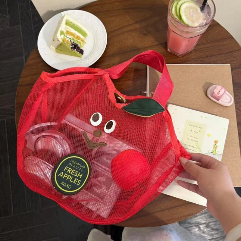 Cute Apple Mesh Handbag Niche Fruit-shaped Shoulder Bag Lightweight And Portable Travel Toiletry Storage Bag Fashion Beach Bag
