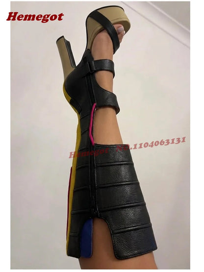 Cut Out Platform Motorcycle Knee High Sandals Open Toe Block Heels Gladiator Women's Sandal Boots Side Zipper Patchwork Shoes