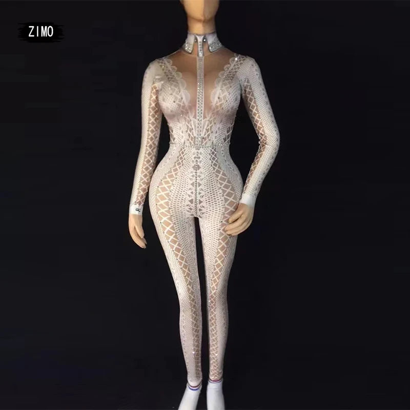 custom white black Spandex Print Stretch Jumpsuit Stage Singer Dancer Performance Rompers birthday pole dance outfits for women
