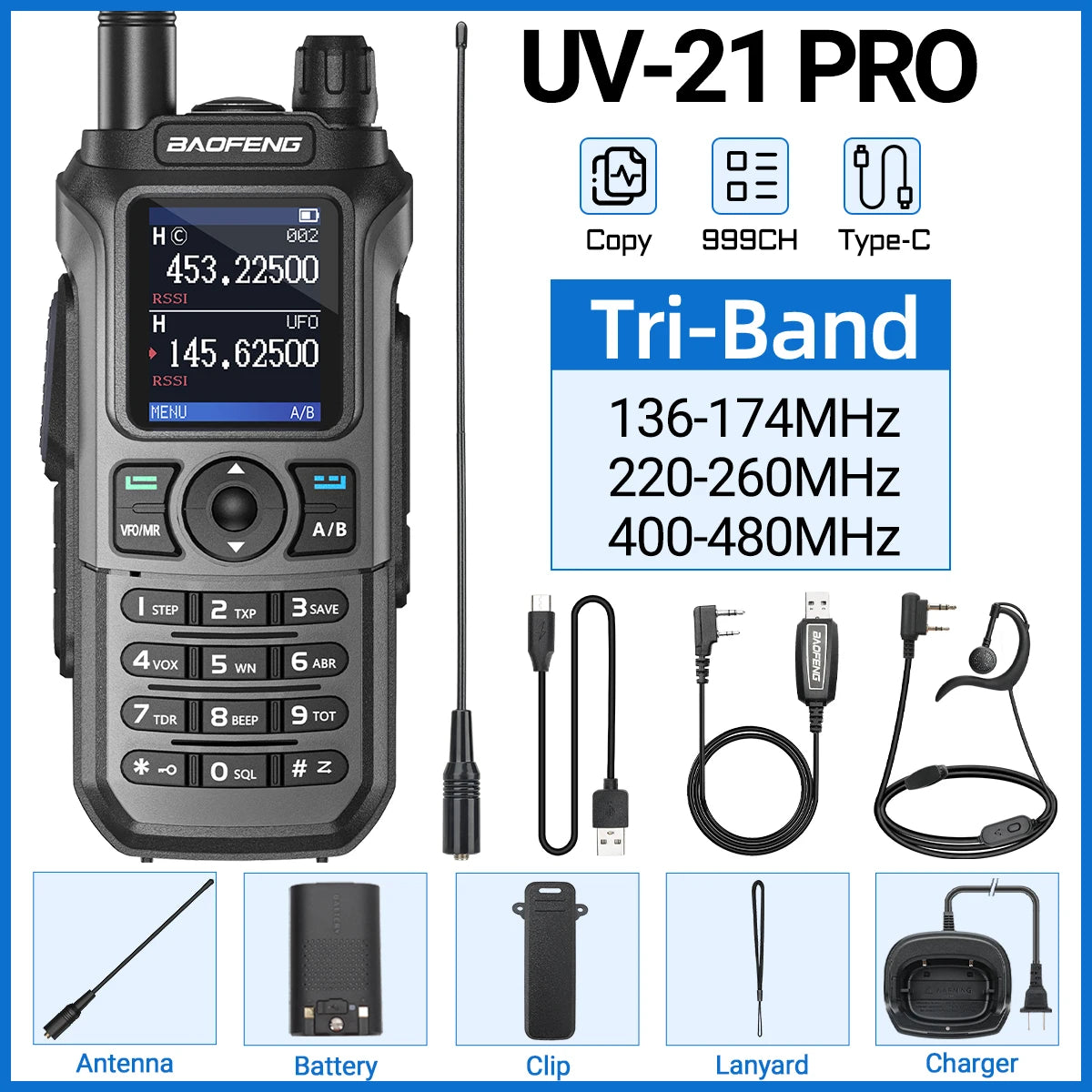 Baofeng UV-21 Pro V2 Wireless Copy Frequency Tri Band Powerful Waterproof Long Range UV-5R Long Range Type-C Two Way Ham Radio